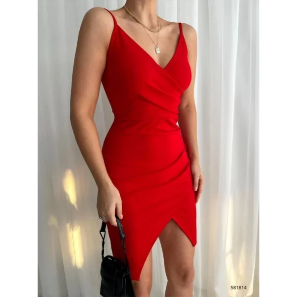 Kadın İp Askılı Yırtmaçlı Büzgülü Elbise