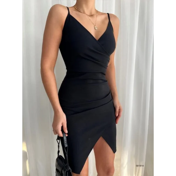 Kadın İp Askılı Yırtmaçlı Büzgülü Elbise