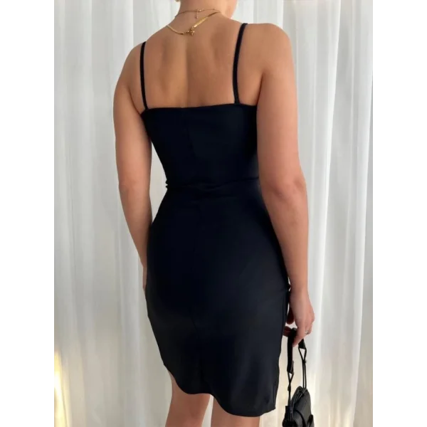 Kadın İp Askılı Yırtmaçlı Büzgülü Elbise