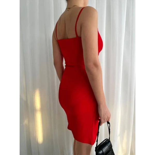 Kadın İp Askılı Yırtmaçlı Büzgülü Elbise