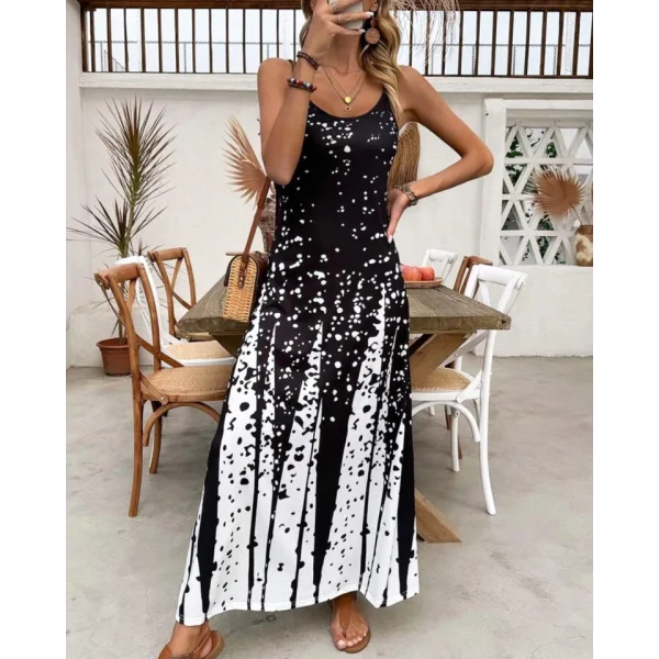 Kadın Ip Askılı Yuvarlak V Yaka Baskılı Maksi Dalgıç Elbise