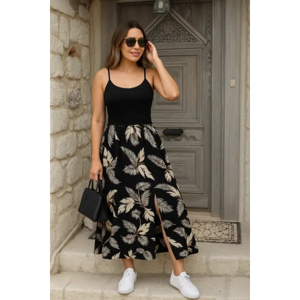 Kadın Ip Askılı Yuvarlak Yaka Belden Dantelli Desenli Yırtmaçlı üst Viskon Alt Süprem Midi Elbise