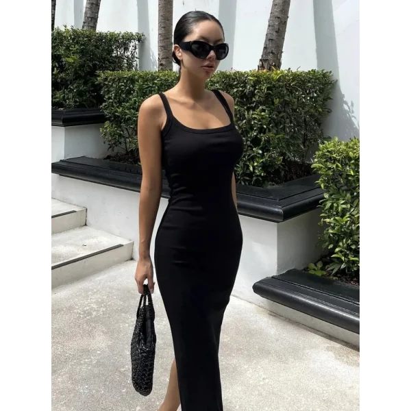 Kadın Ip Askılı Yuvarlak Yakalı Yırtmaçlı Midi Kaşkorse Elbise