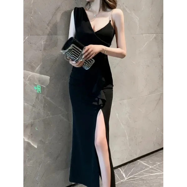 Kadın Ip Zincir Askılı Kruvaze Yakalı önden Fırfırlı Yırtmaçlı Janjan Krep Elbise