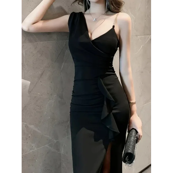 Kadın Ip Zincir Askılı Kruvaze Yakalı önden Fırfırlı Yırtmaçlı Janjan Krep Elbise