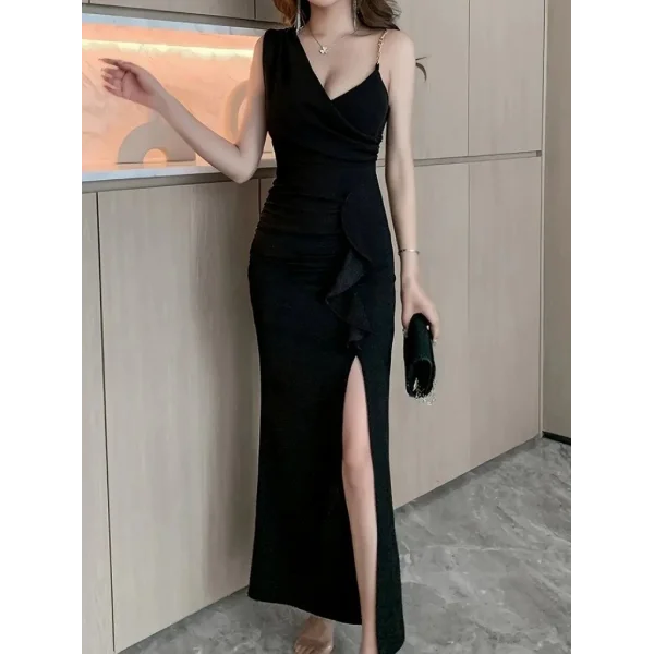 Kadın Ip Zincir Askılı Kruvaze Yakalı önden Fırfırlı Yırtmaçlı Janjan Krep Elbise