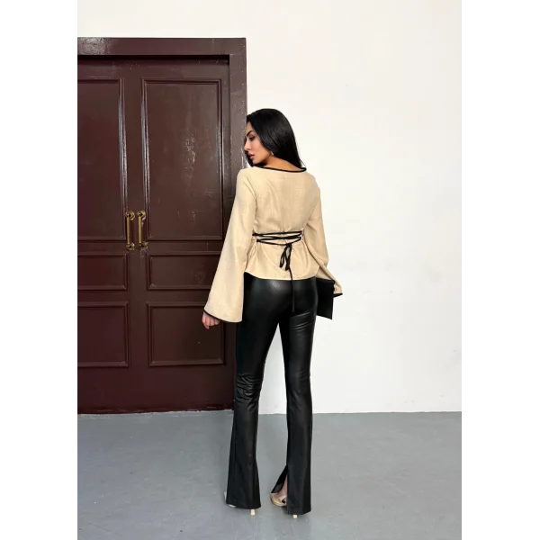 Kadın İspanyol Kol Arkası Bağcık Ip Detay Keten Bluz