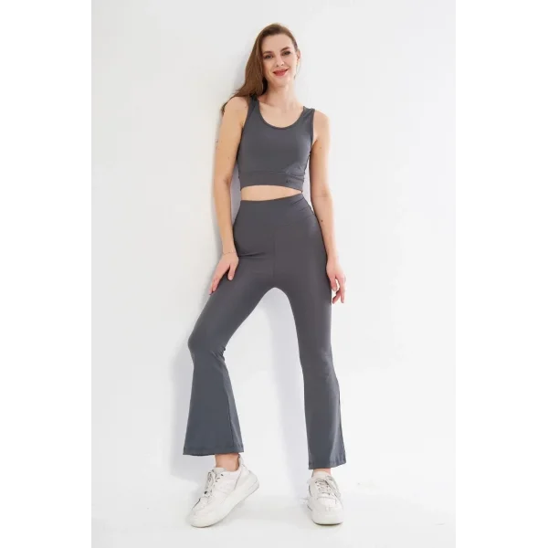 Kadın İspanyol Paça Taytli Croplu Takım - Füme