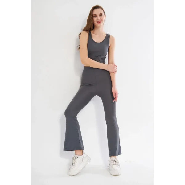 Kadın İspanyol Paça Taytli Croplu Takım - Füme