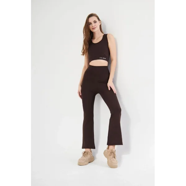 Kadın İspanyol Paça Taytli Croplu Takım - Kahve