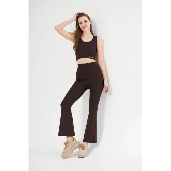 Kadın İspanyol Paça Taytli Croplu Takım - Kahve