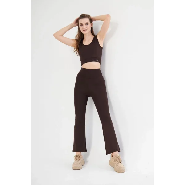 Kadın İspanyol Paça Taytli Croplu Takım - Kahve