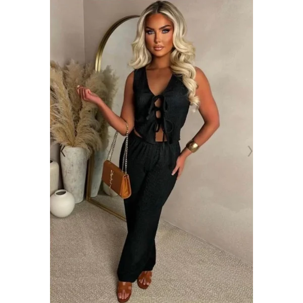 Kadın Ital Piliseli Kumaş önde Bağcık Detaylı Takım