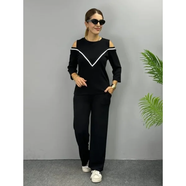 Kadın Ithal Burgu Kumaş Uzun Kollu Omuz Dekolteli Bluz Ve Pantolon Ikili Takım