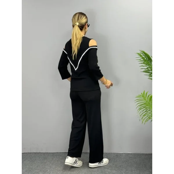 Kadın Ithal Burgu Kumaş Uzun Kollu Omuz Dekolteli Bluz Ve Pantolon Ikili Takım