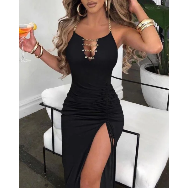 Kadın Ithal Full ikralı andy Kumaş Kuşgözü Ve etal Zincir Detaylı Asansör Büzgülü Yırtmaç Dekolteli axi Boy Elbise