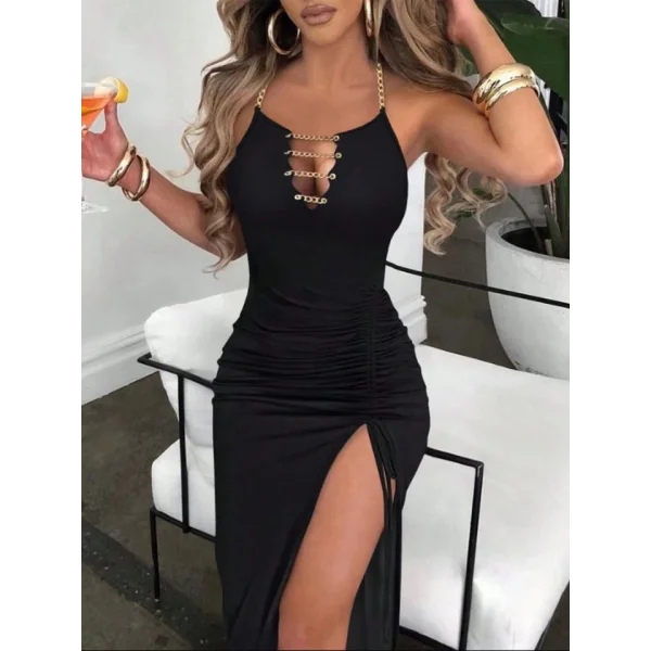 Kadın Ithal Full ikralı andy Kumaş Kuşgözü Ve etal Zincir Detaylı Asansör Büzgülü Yırtmaç Dekolteli axi Boy Elbise