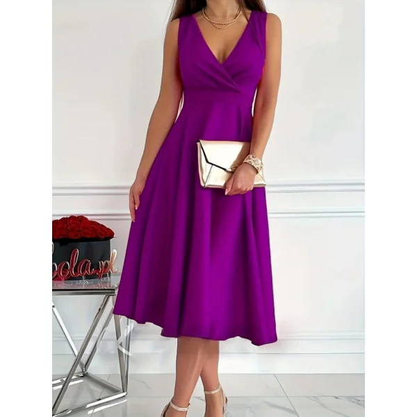 Kadın Ithal Krep Kumaş Kruvaze Yaka Eteği Kloş Kolsuz Midi Elbise