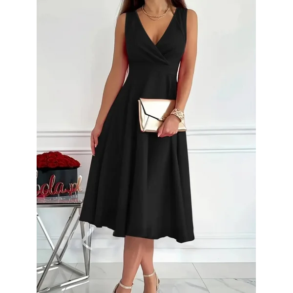 Kadın Ithal Krep Kumaş Kruvaze Yaka Eteği Kloş Kolsuz Mini Elbise