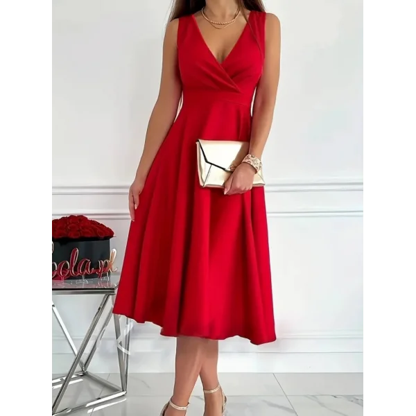 Kadın Ithal Krep Kumaş Kruvaze Yaka Eteği Kloş Kolsuz Mini Elbise