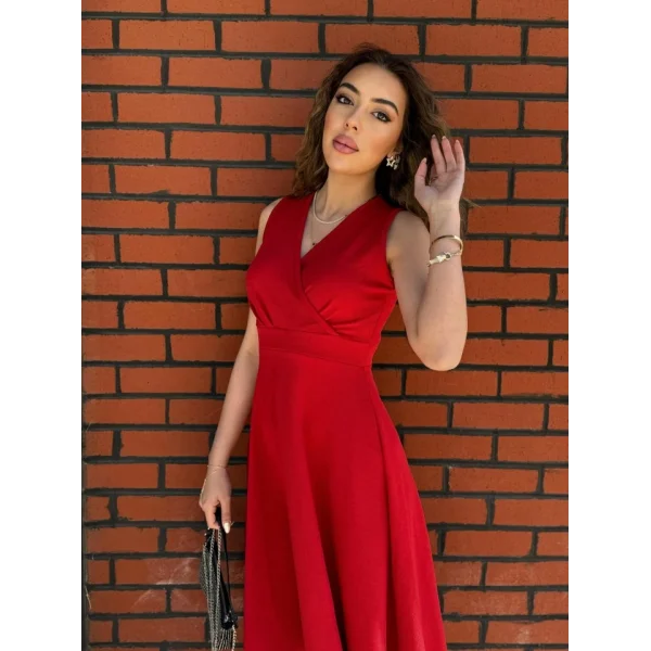 Kadın Ithal Krep Kumaş Kruvaze Yaka Eteği Kloş Kolsuz Mini Elbise