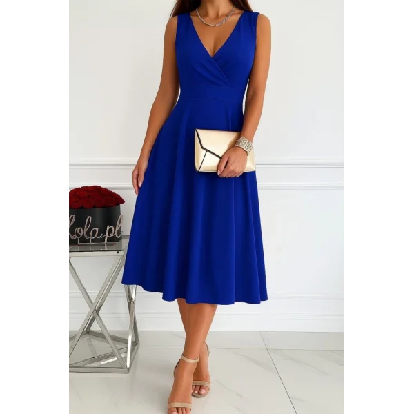 Kadın Ithal Krep Kumaş Kruvaze Yaka Eteği Kloş Kolsuz Mini Elbise