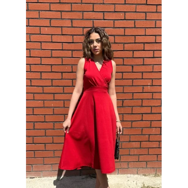 Kadın Ithal Krep Kumaş Kruvaze Yaka Eteği Kloş Kolsuz Mini Elbise