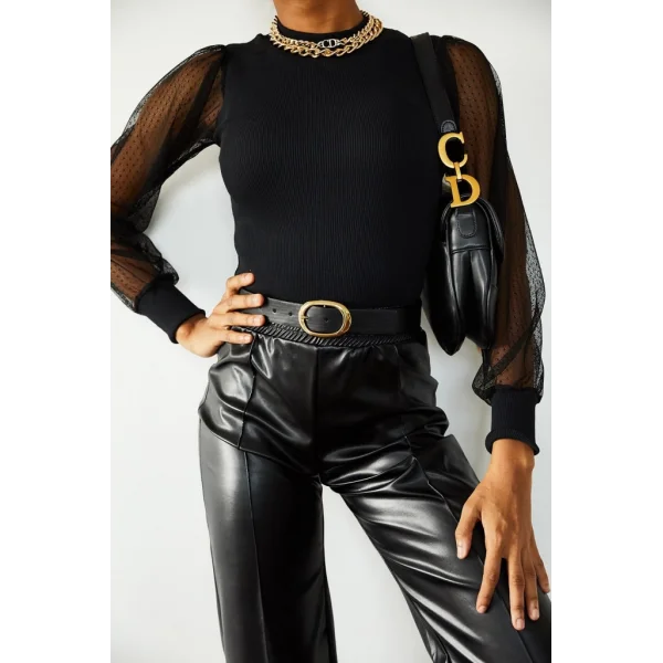 Kadın iyah Kolu Tül Detaylı Yarım Balıkçı Kaşkorse Bluz