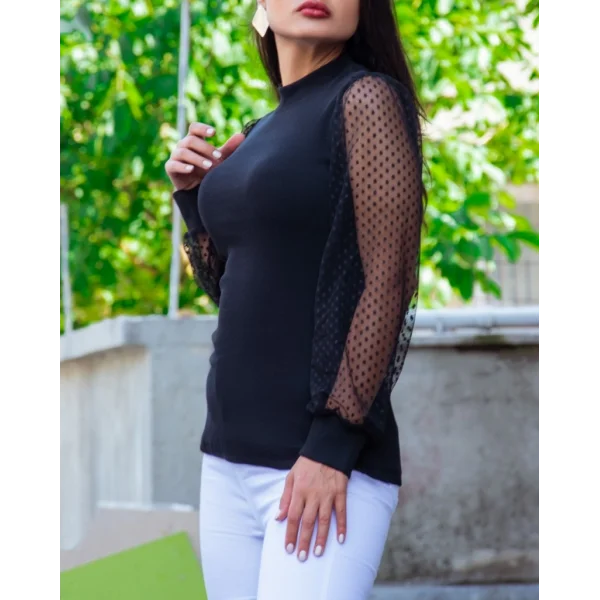 Kadın iyah Kolu Tül Detaylı Yarım Balıkçı Kaşkorse Bluz