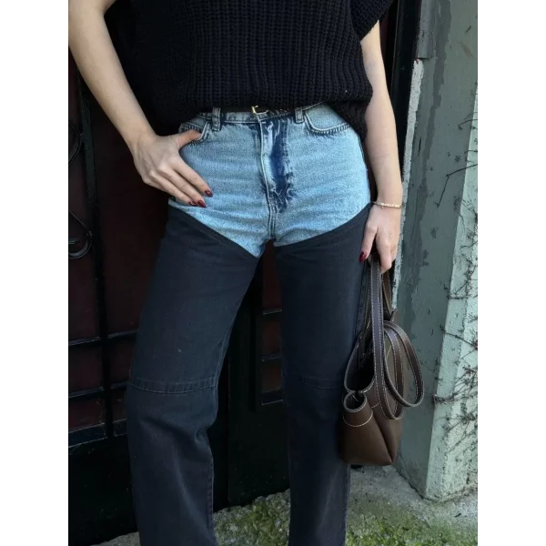 Kadın Jeans Kot Parçalı Palazzo Pantolon - Siyah