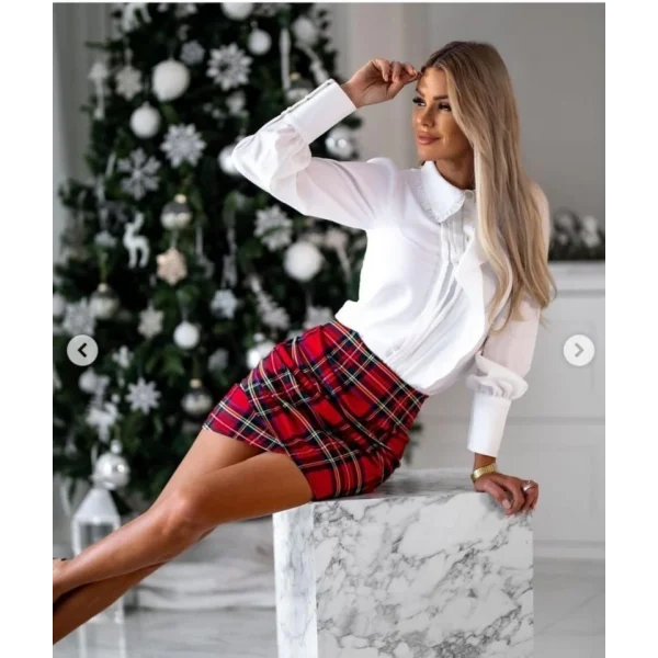 Kadın Jesica Kumaş Volan Detay Gömlek Ve Dalgıç Kumaş Ekose Baskılı Büzgü Detay ini Etek Ikili Takım