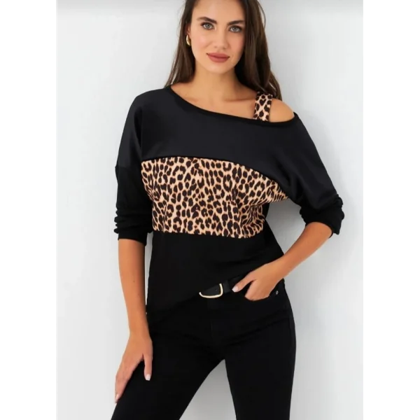 Kadın Kadife Kumaş Leopar Desenli Omuz Detay Uzun Kollu Bluz