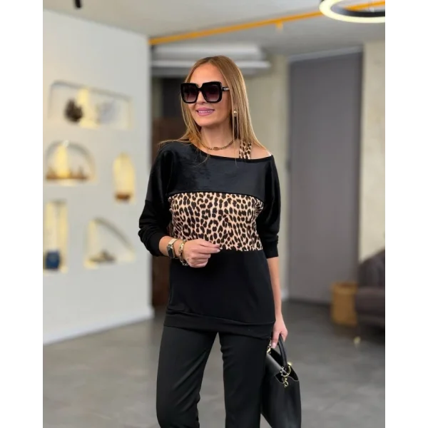 Kadın Kadife Kumaş Leopar Desenli Omuz Detay Uzun Kollu Bluz