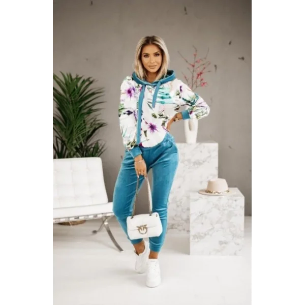Kadın Kadife Kumaş Uzun Kollu Kapüşon Detay çiçek Baskılı Sweat Ve Pantolon Ikili Takım