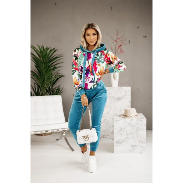 Kadın Kadife Kumaş Uzun Kollu Kapüşon Detay çiçek Baskılı Sweat Ve Pantolon Ikili Takım