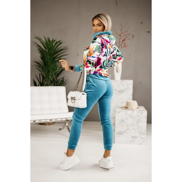 Kadın Kadife Kumaş Uzun Kollu Kapüşon Detay çiçek Baskılı Sweat Ve Pantolon Ikili Takım