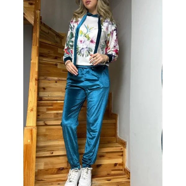 Kadın Kadife Kumaş Uzun Kollu Kapüşon Detay çiçek Baskılı Sweat Ve Pantolon Ikili Takım