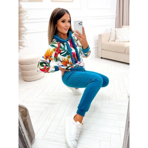 Kadın Kadife Kumaş Uzun Kollu Kapüşon Detay çiçek Baskılı Sweat Ve Pantolon Ikili Takım