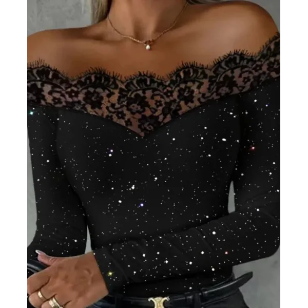 Kadın Kadife Simli Kumaş Dantel Detaylı Bluz