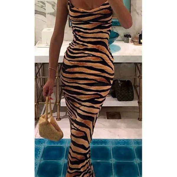 Kadın Kadın Ip Askılı Dökümlü Yaka Zebra Desen Maxi Boy Elbise
