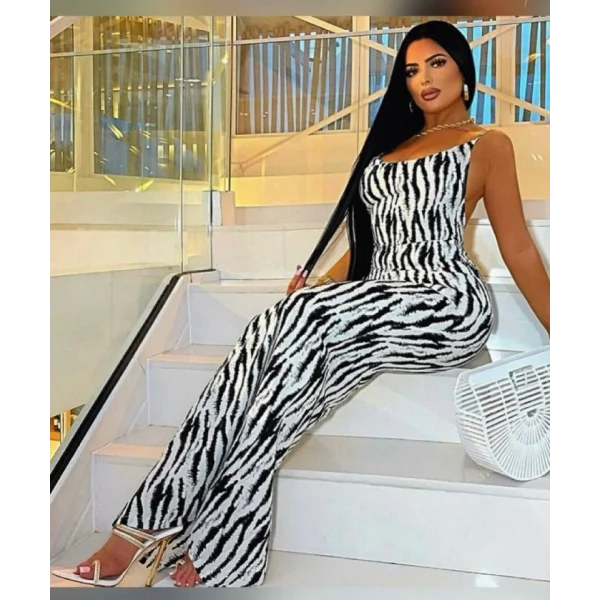 Kadın Kadın Ip Askılı Dökümlü Yaka Zebra Desen Maxi Boy Elbise