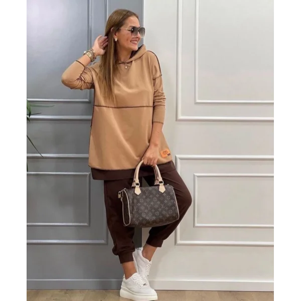 Kadın Kahve Kapşonlu Etek Ucu Detay Arma Ters Dikiş Gorunumlu Ikili Takım