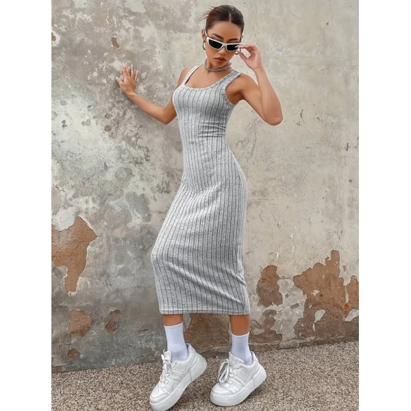 Kadın Kalın Askılı Kare Yaka Fitilli Kaşkorse Midi Boy Elbise