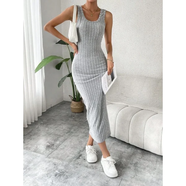 Kadın Kalın Askılı Kare Yaka Fitilli Kaşkorse Midi Boy Elbise