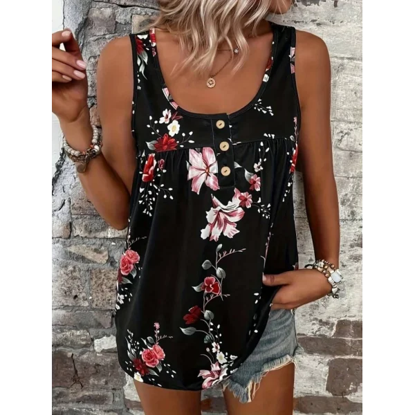 Kadın Kalın Askılı önü Düğme Detay çiçek Desen Bluz