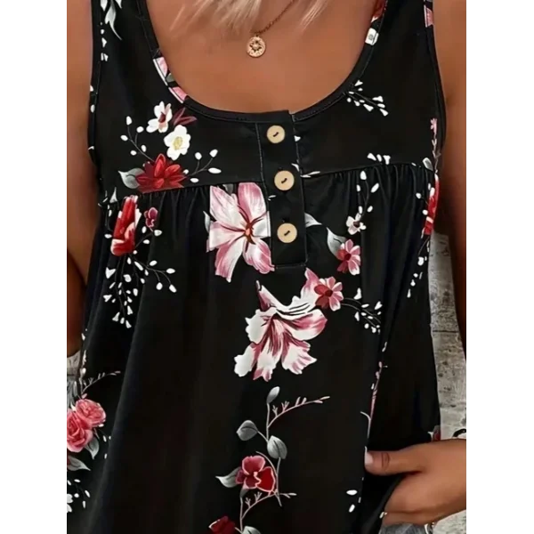 Kadın Kalın Askılı önü Düğme Detay çiçek Desen Bluz