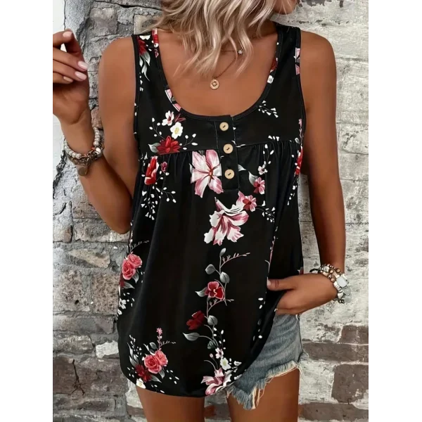 Kadın Kalın Askılı önü Düğme Detay çiçek Desen Bluz