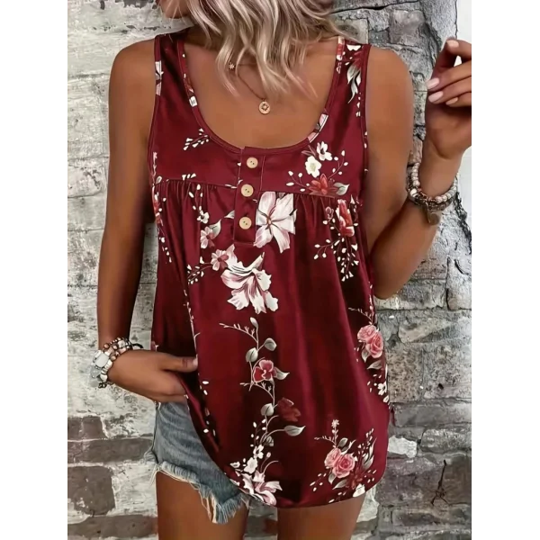 Kadın Kalın Askılı önü Düğme Detay çiçek Desen Bluz