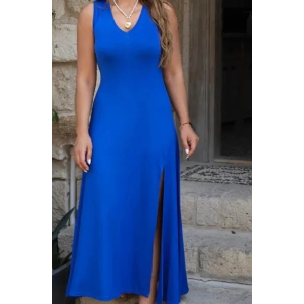 Kadın Kalın Askılı V Yaka Yırtmaç Detay Viskon Elbise