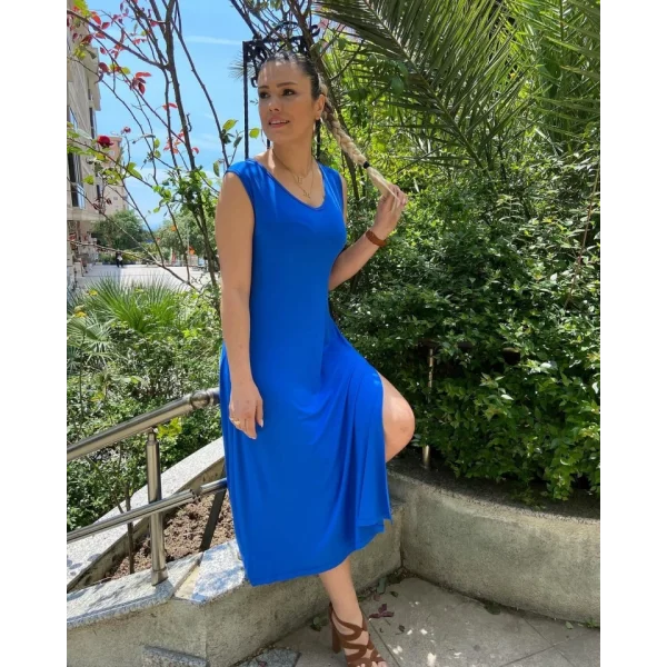 Kadın Kalın Askılı V Yaka Yırtmaç Detay Viskon Elbise